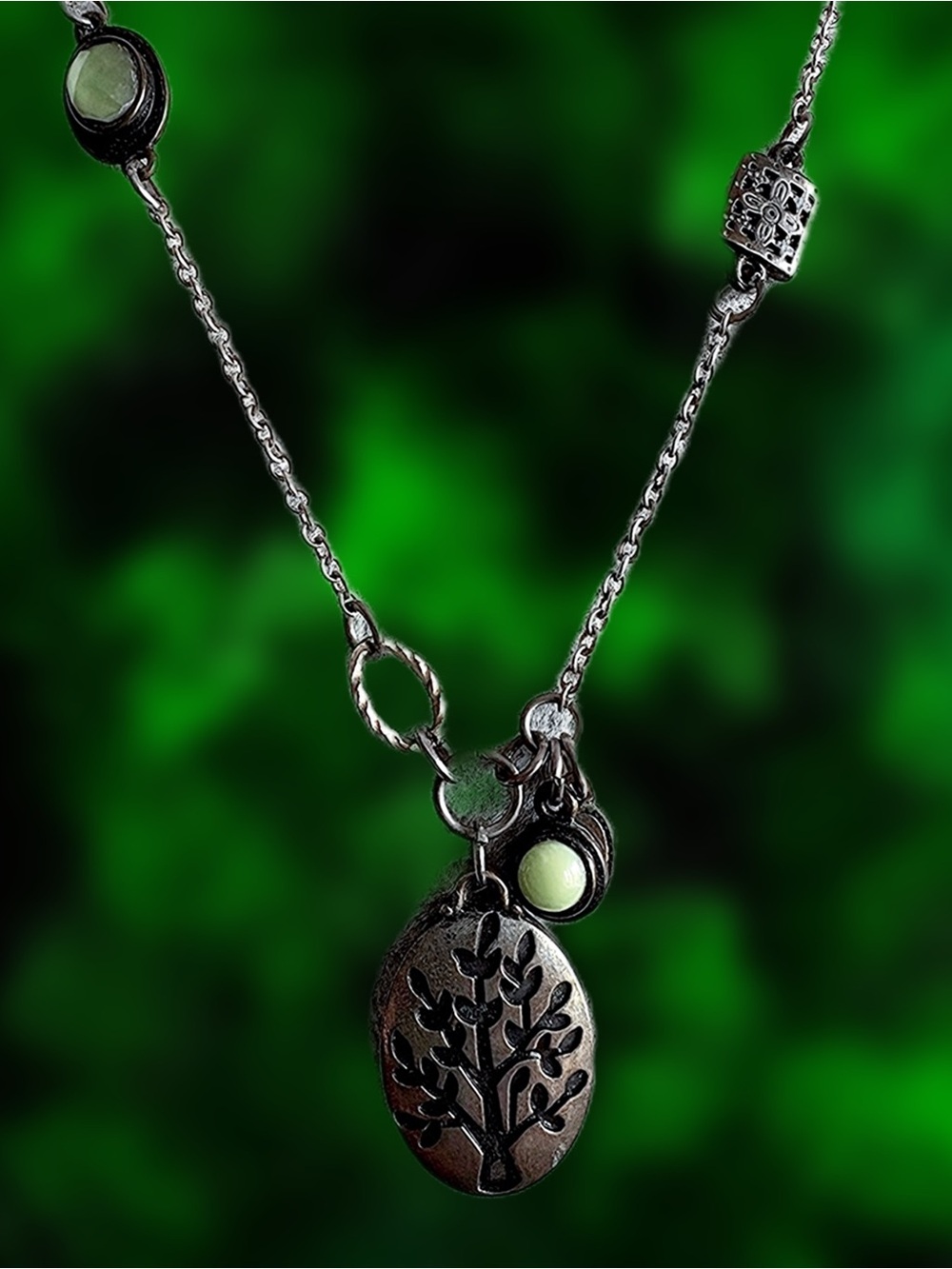 Silver-Tone Tree of Life Pendant Necklace with Green Accents